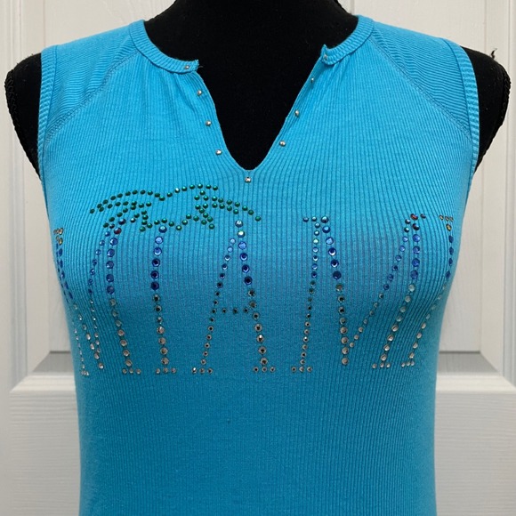 Vintage Y2K Bebe Miami Bling Tank Top NWT Blue Palm Tree Rhinestone XS S M L - Picture 2 of 9